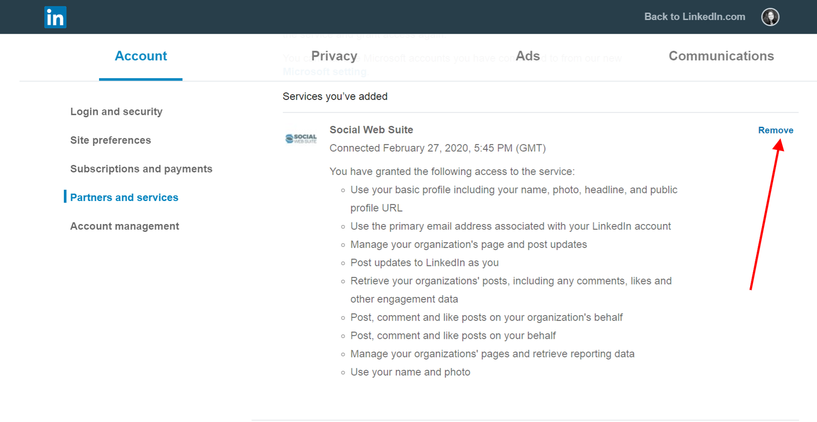 Remove Social Web Suite from LinkedIn